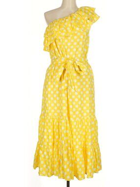 Lisa Marie Fernandez Yellow Polka Dot One-Shoulder Tiered Maxi Dress | Medium